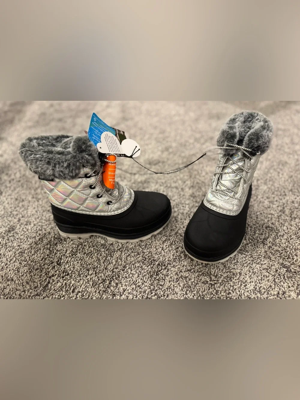 Ozark Trail Kids Holographic Silver and Black Faux-Fur Snow Boots